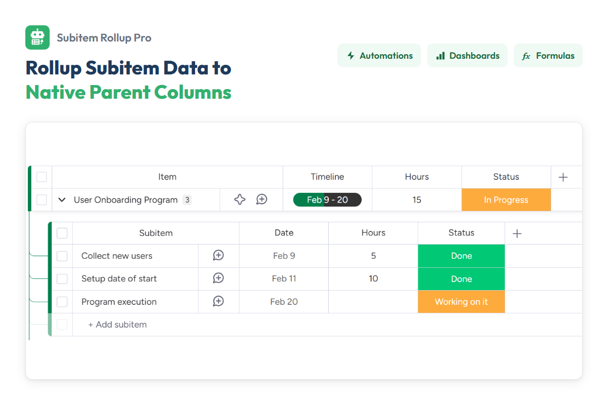 Comparison between native mirror rollups and Subitem Rollup Pro writing to a normal item column