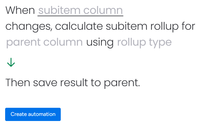 Screenshot of the Subitem Rollup Pro automation template in monday.com